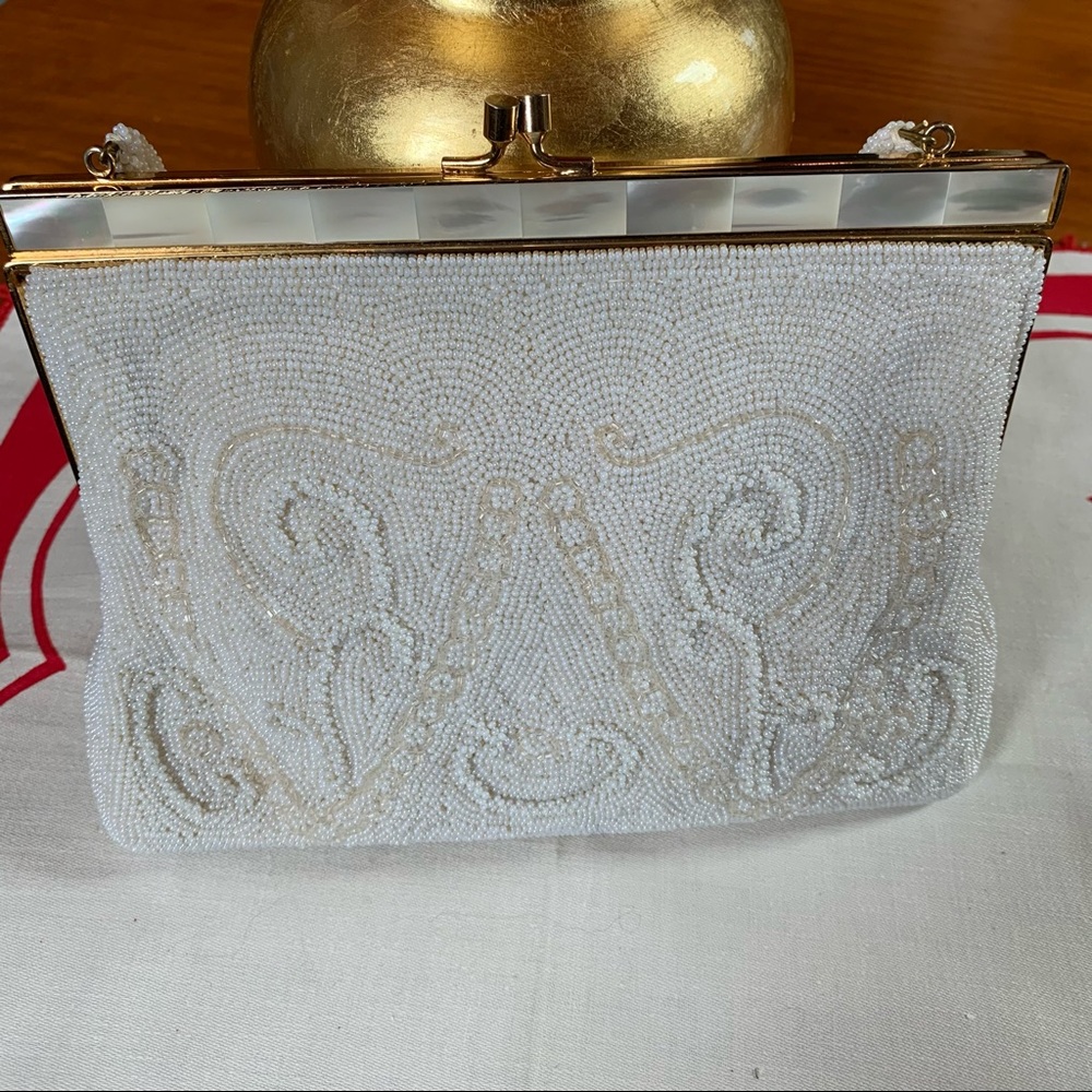 Lustrous Beaded White Clutch with Strap